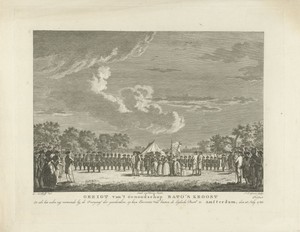 Overdracht van geschenken aan het Amsterdamse exercitiegenootschap Bato's Kroost, 1786