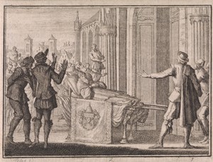 Overleden paus Gregorius VI wordt op een draagbaar de Sint-Pietersbasiliek binnengebracht