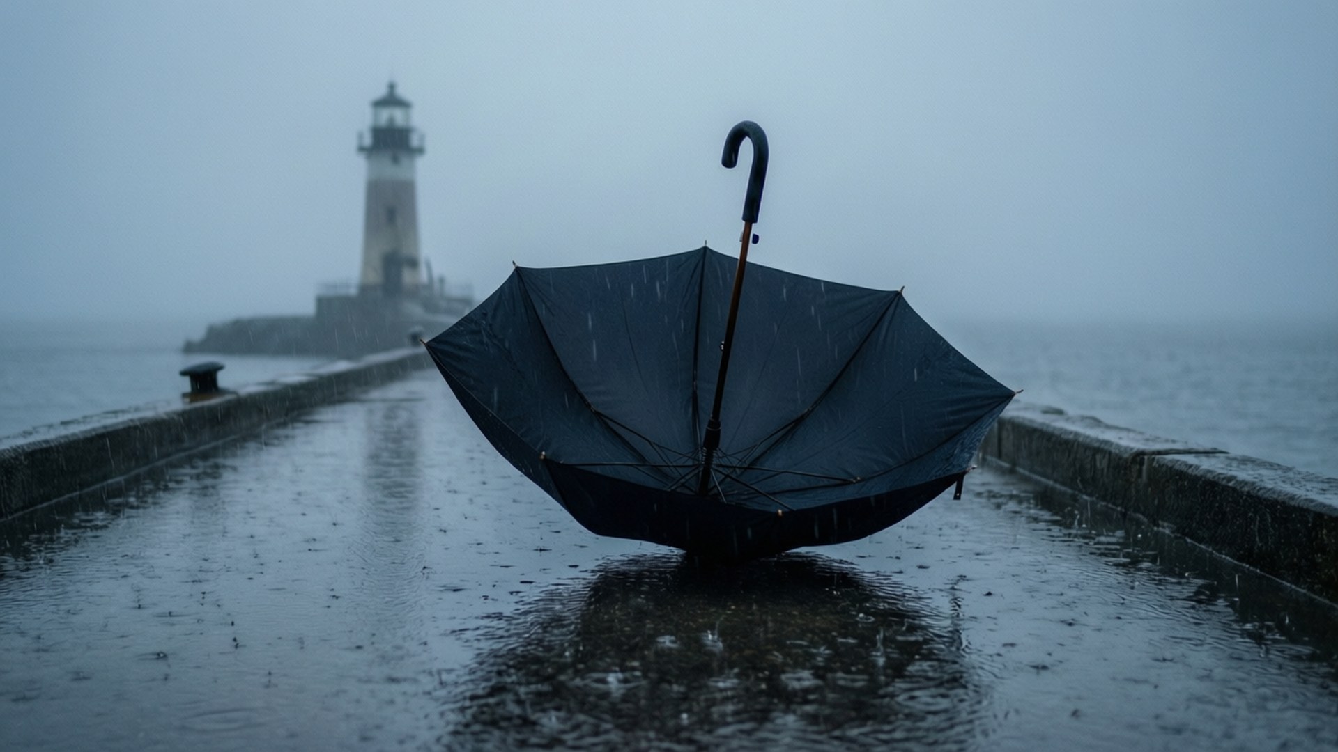 Overturned Umbrella on Pier by Wallpapers.art Studio