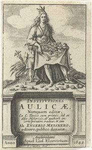 Overvloed met schoot vol bloemen en korenschoof en beeld van Mercurius