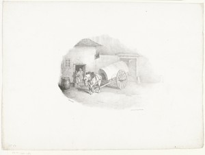 Paard en wagen voor een huis