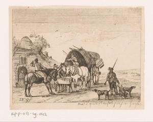 Paarden bij een voerbak met wagen, ruiters en jager met honden