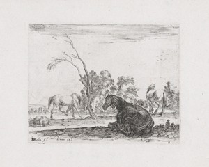 Paarden in een landschap met een dorre boom