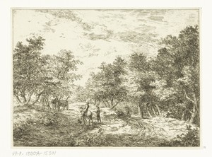 Pad door het bos met wagen, wandelaar en ruiter