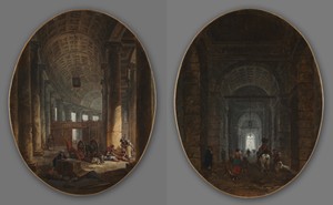 Pair of Paintings: The Colonnade of Saint Peter's, Rome, during the Conclave and The Grotto of Posillipo