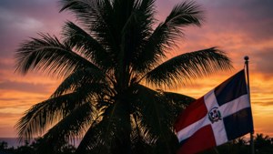 Palm Tree and Flag Sunset
