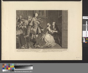 Pamela on her knees before her Father, whom she had discovered behind the door having overturned the card table in the way. Sr. Simon Darnford his Lady & c. observing her with eagerness and admiration Mr. B struck with this scene is waiting the issue.