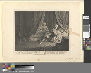 Pamela Swooning, after having discovered Mr. B. in the closet, He (frighted) endeavouring to recover her, Mrs. Jervis wringing her hands, and screaming