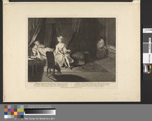 Pamela undressing herself (Mrs Jewkes being first got to bed) while Mr. B. disguised in the maids clothes, with the apron thrown over his face, is impatiently waiting for the execution of his plot.