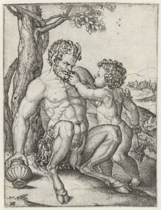 Pan met drinkbeker en Bacchus als kind met druiventros