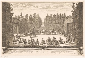 Parade van koning Lodewijk XIV en hoflieden te paard tijdens de feestelijkheden op Versailles