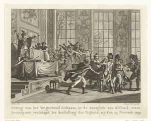 Parlementsleden van de Raad van Vijfhonderd vallen Napoleon aan tijdens zijn staatsgreep op 10 november 1799 in de Orangerie van Versaille