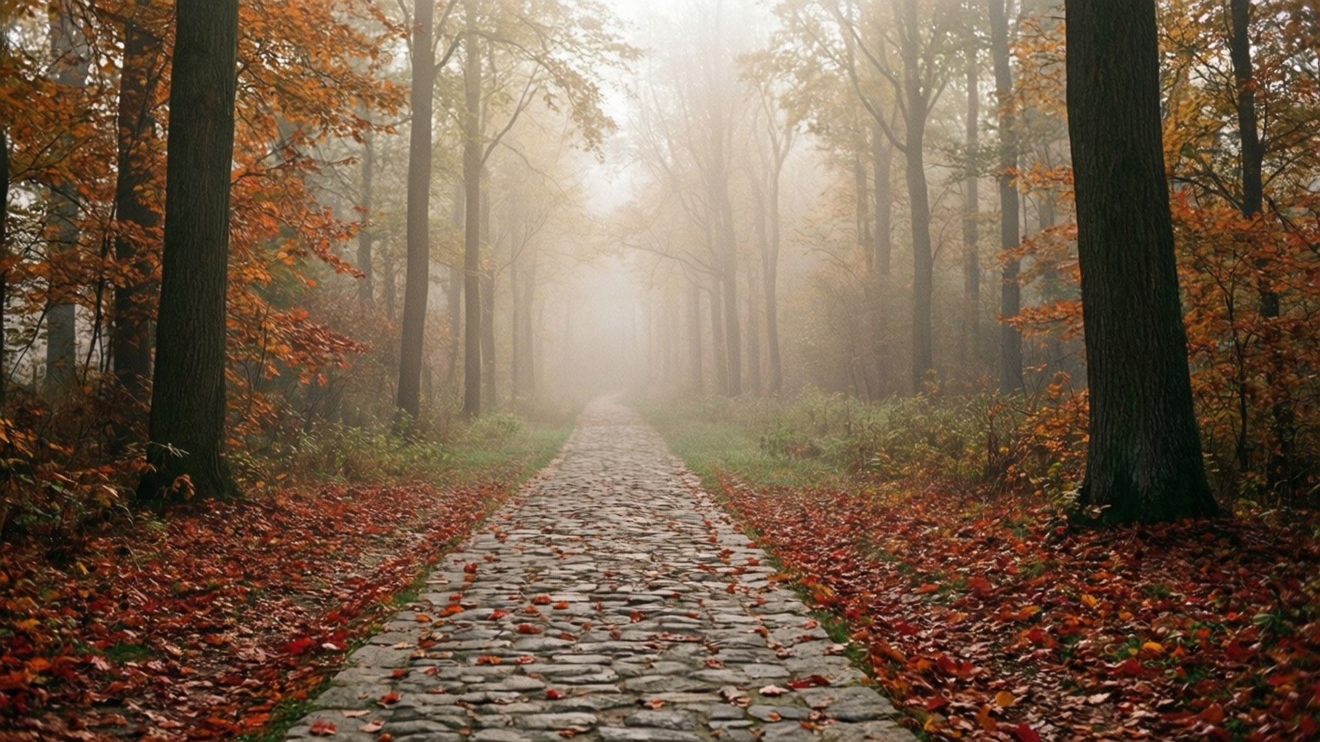 Path Through Misty Autumn Woods by Wallpapers.art Studio