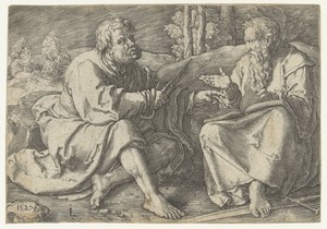 Paulus en Petrus zittend in een landschap