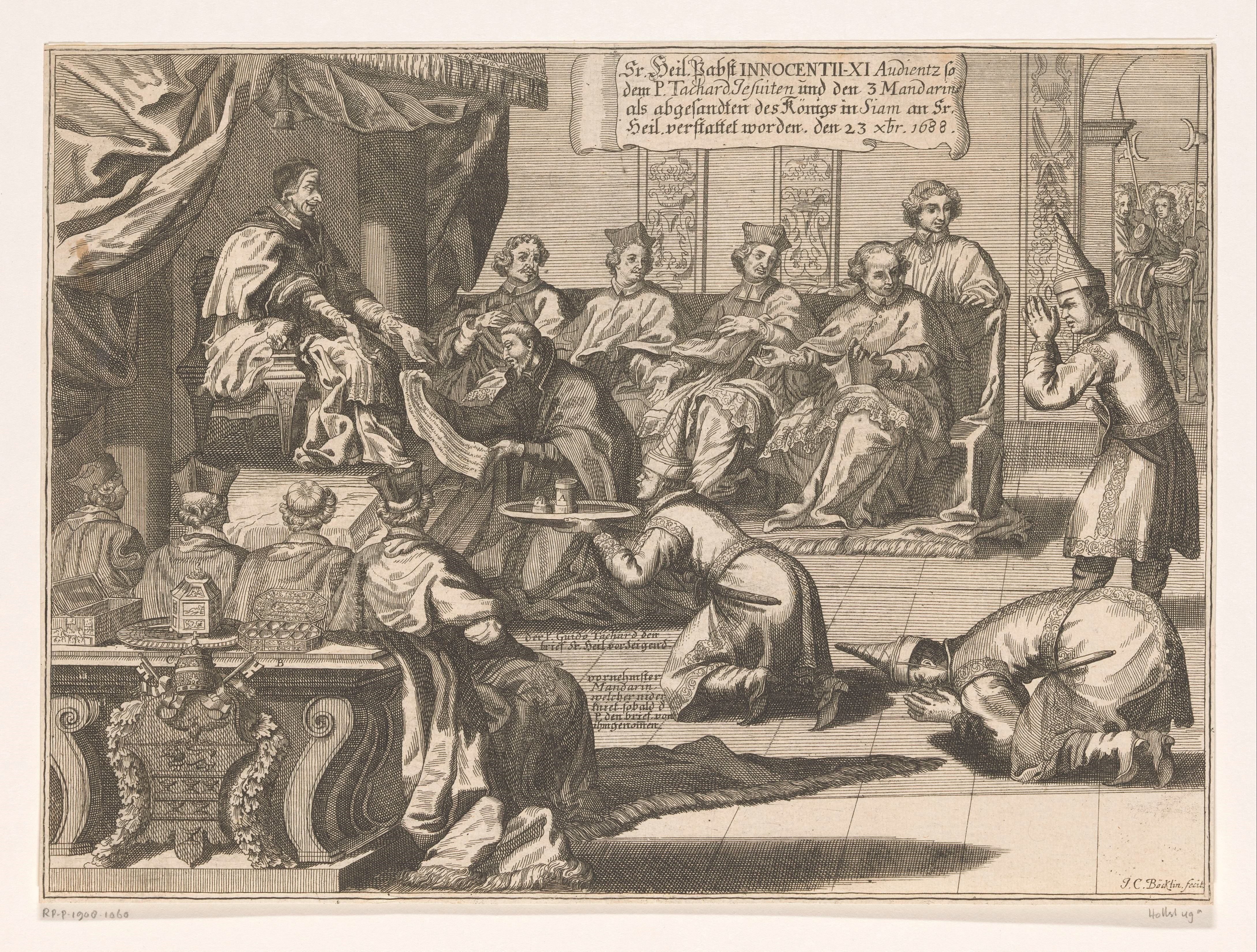 Paus Innocentius XI ontvangt het gezantschap van de koning van Siam by Johann Christoph Boecklin