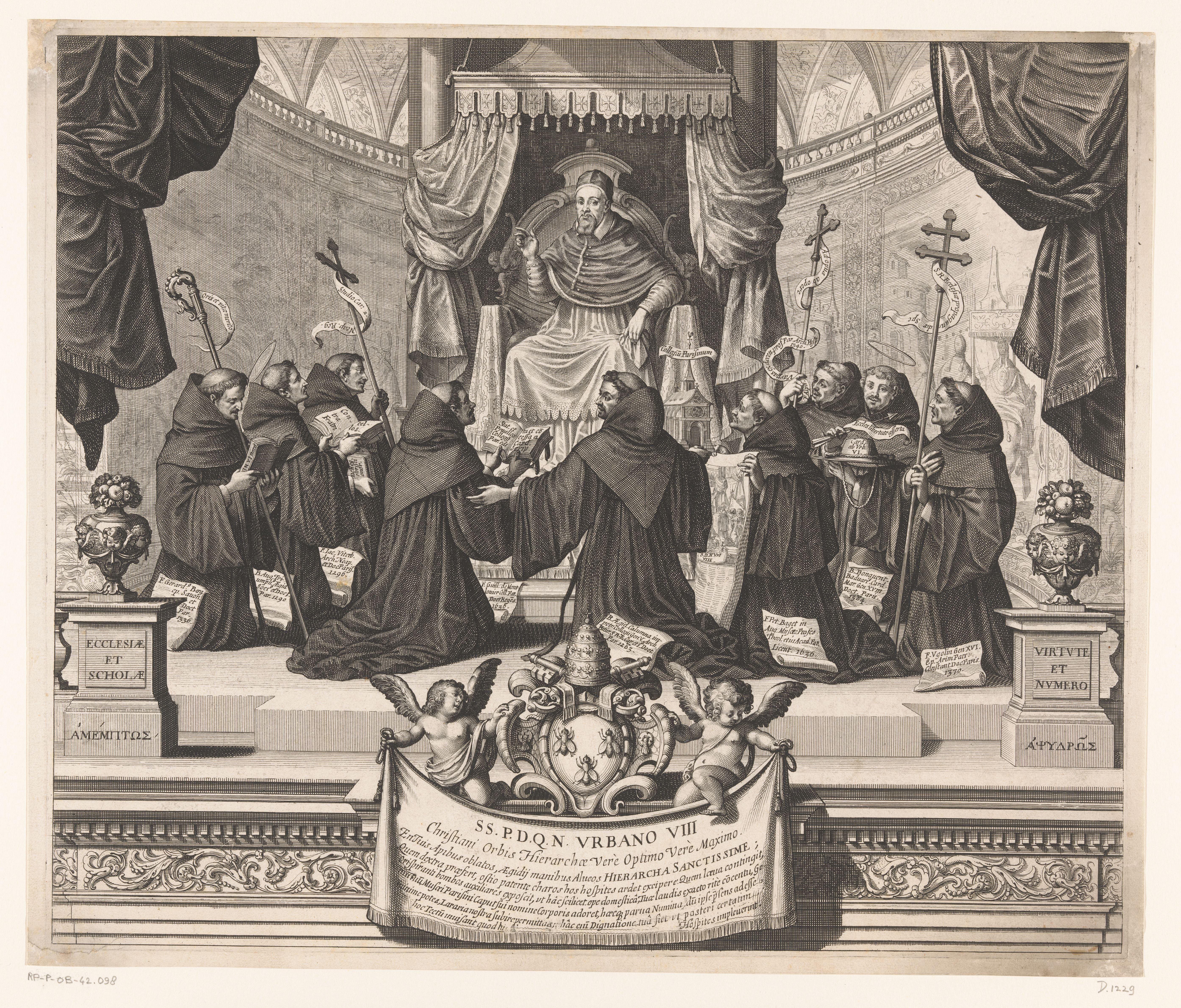 Paus Urbanus VIII zegent knielende geestelijken voor hem by Abraham Bosse
