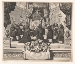 Paus Urbanus VIII zegent knielende geestelijken voor hem