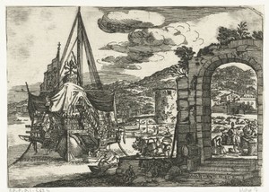 Pauselijk schip voor anker aan de kade van de haven van Messina