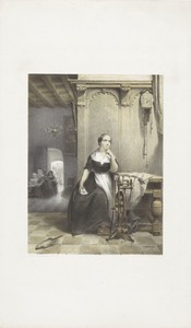 Peinzend meisje bij een spinnewiel