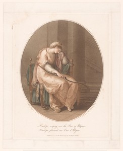 Penelope wenend met de boog van Odysseus in haar hand