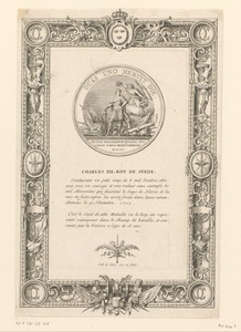 Penning ter ere van Karel XII van Zweden met versierde lijst