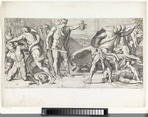 Perseus verandert zijn vijanden in steen met het hoofd van Medusa