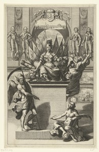 Personificatie van de Republiek der Nederlanden zittend op een leeuw