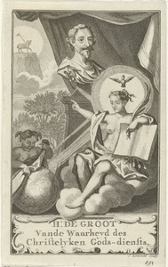 Personificatie van het christelijke geloof bij het borstbeeld van Hugo de Groot