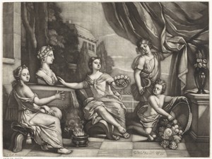 Personificaties van de vier seizoenen op een terras bij een buste