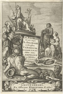 Personificaties van Europa, Azië en Afrika bieden Rome geschenken aan, op voorgrond riviergod en Romulus en Remus gezoogd door wolf