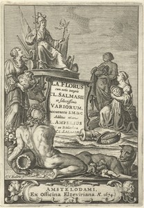 Personificaties van Europa, Azië en Afrika bieden Rome geschenken aan, op voorgrond riviergod en Romulus en Remus gezoogd door wolf