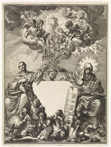 Personificaties van het Oude Verbond en het Evangelie kruisen samen de bloeiende staf van Aäron