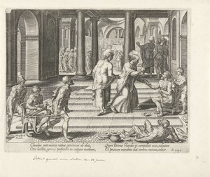 Petrus en Johannes die een verlamde man genezen bij de tempelpoort
