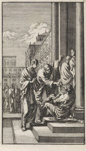 Petrus en Johannes genezen een verlamde man bij de tempelpoort