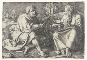 Petrus en Paulus zittend in een landschap