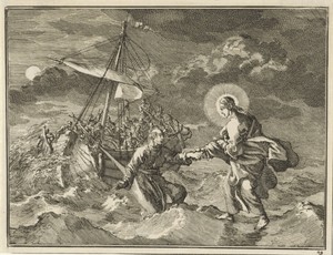 Petrus loopt op het water naar Christus