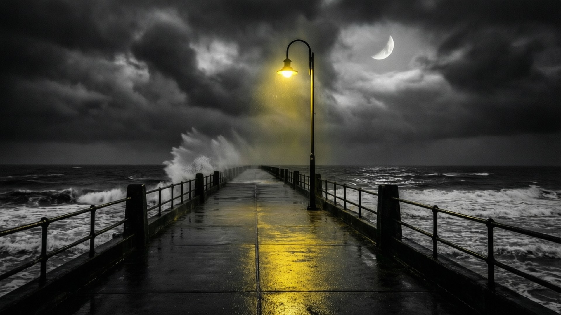 Pier Light in Storm by Wallpapers.art Studio