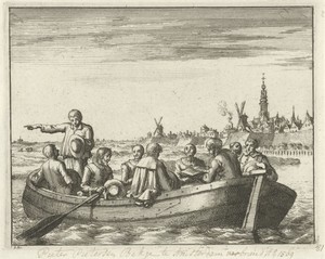 Pieter Pietersz. Bekjen leest voor uit de Bijbel in een schuit op de Amstel buiten de Regulierspoort te Amsterdam, 1569