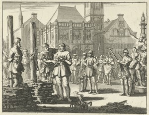 Pieter Pietersz. Bekjen met een lotgenoot aan de staak gebonden, wordt vanaf de stoep van de Waag aangemoedigd door Willem Jansz., 1569