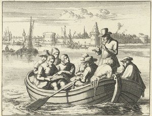 Pieter Pietersz. Bekjen predikt aan acht personen in een roeibootje op de Amstel, 1568