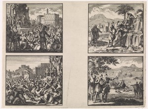 Pilatus op de rechterstoel te Cesarea / Pilatus laat een Joodse samenscholing uiteen slaan / Eliza werpt zout in de bron / Geplukte Sodomsappelen gaan in rook terwijl door Vespasianus in de Dode Zee geworpen mensen blijven drijven