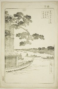 Pine of Success and Oumayagashi, Asakusa River (Asakusagawa shubi no matsu Oumayagashi), from the series "One Hundred Famous Views of Edo (Meisho Edo hyakkei)"