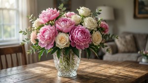Pink Peonies on Rustic Table