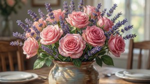 Pink Roses in Rustic Vase