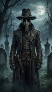 Plague Doctor in Moonlit Graveyard