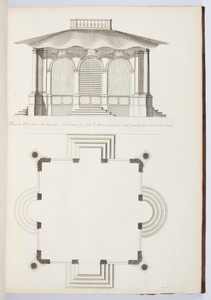 Plan et Elevation du Kiosque de Commercy dont les huit croisées ne sont garnis que de Stors d'eau.