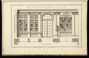 Plans et Elevations de deux Bibliothèques aux côtés d'une Croisée