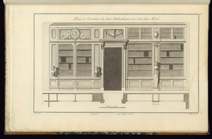 Plans et Elevations de deux Bibliothèques aux côtés d'une Porte