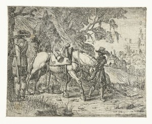 Plassende ruiter bij rustend paard met man en ruiter te paard