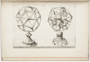 Plate O, F.IIII, Rhombentrikontaeder und Ikosaeder (Rhombic Triacontrahedron and Icosahedron), Perspectiva Corporum Regularium (Perspective of the Regular Bodies)